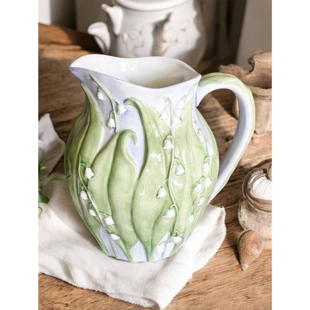 Inspirado Lily of the Valley Ceramic Pitcher Embossed Floral Hand Painted